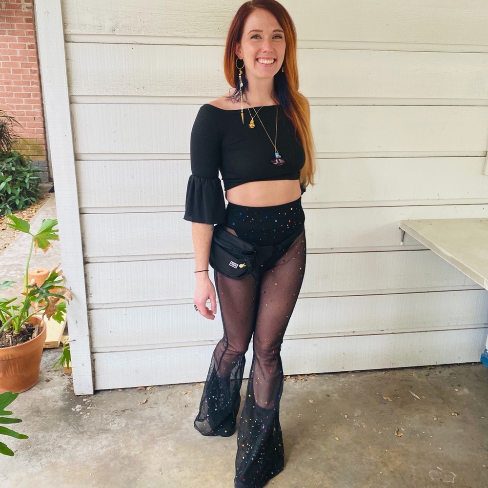 Black Sheer Flare Pants with Colorful Dots moons and stars